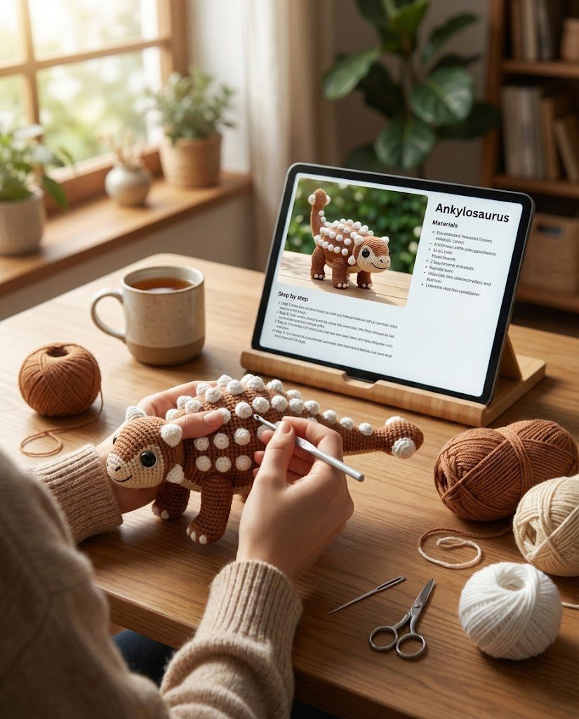 Ankylosaurus Bruno Crochet Pattern amigurumi dinosaur toy.