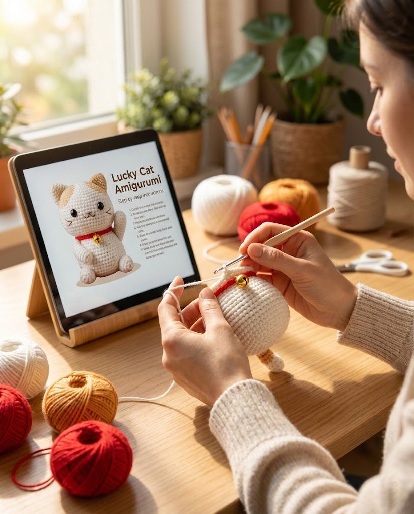 Lucky Cat Crochet Pattern amigurumi toy.