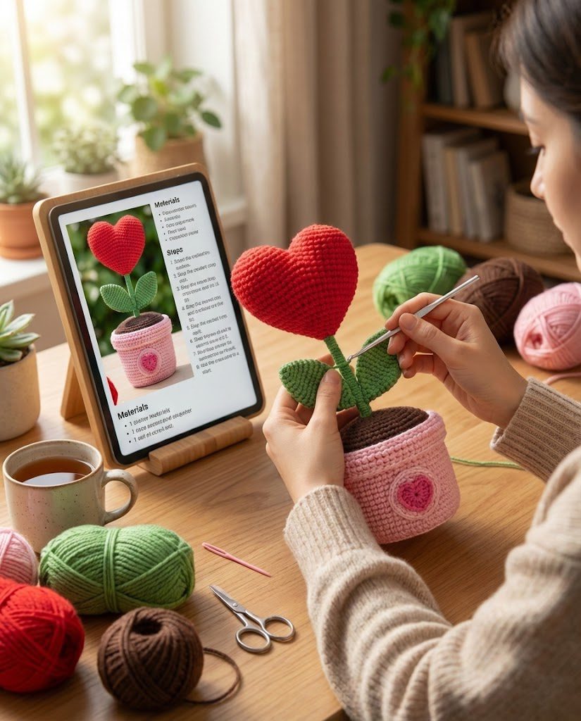 Heart Plant in a Pot Crochet Pattern amigurumi decor