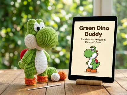 Green Dino Character Crochet Pattern finished plushie.