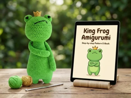 King Frog Amigurumi Crochet Pattern finished royal toy.